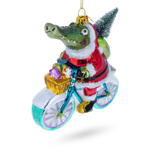 Alligator Riding Bicycle with Gifts Glass Christmas Ornament