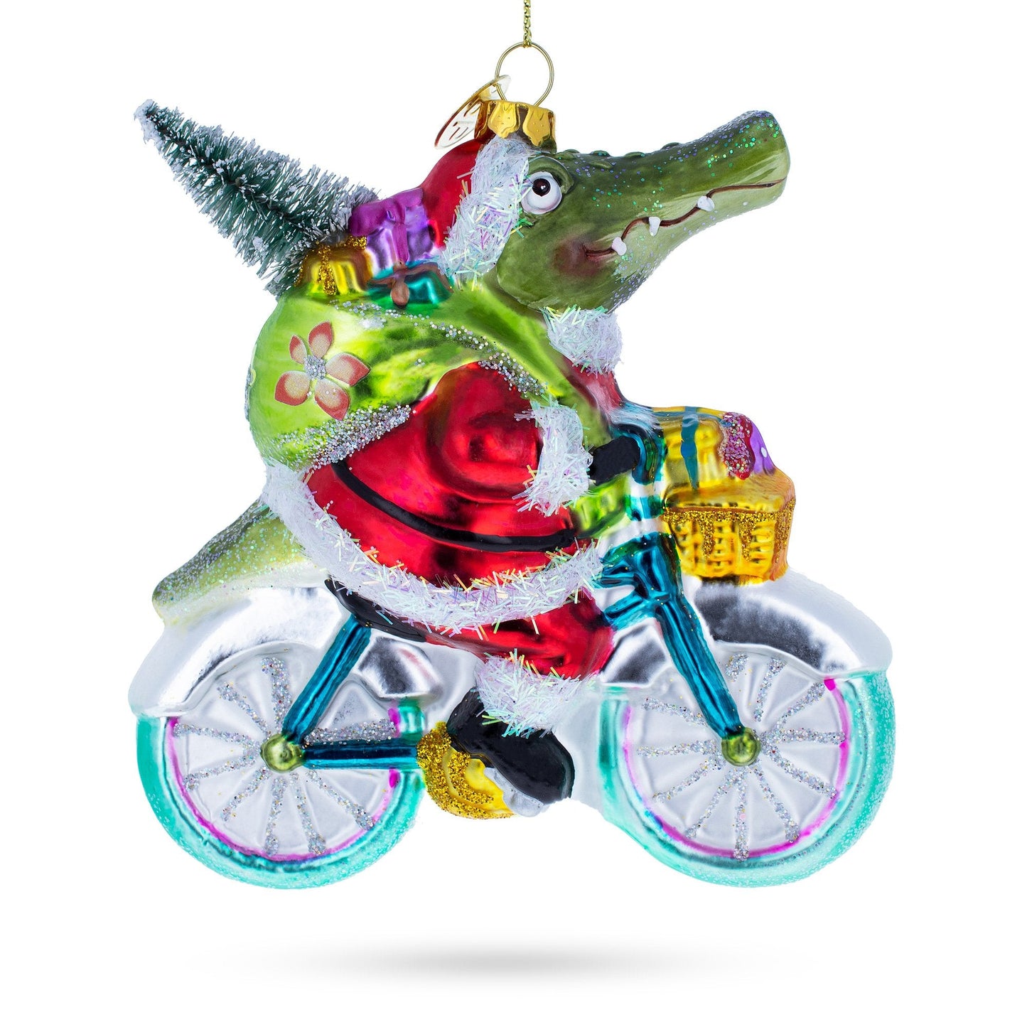 Alligator Riding Bicycle with Gifts Glass Christmas Ornament