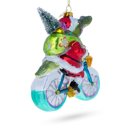 Alligator Riding Bicycle with Gifts Glass Christmas Ornament